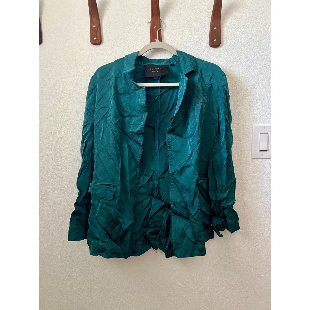 Equipment Blazer Cardigan Womens 4 Open Front Belted Satin Casual Jacquard Blue